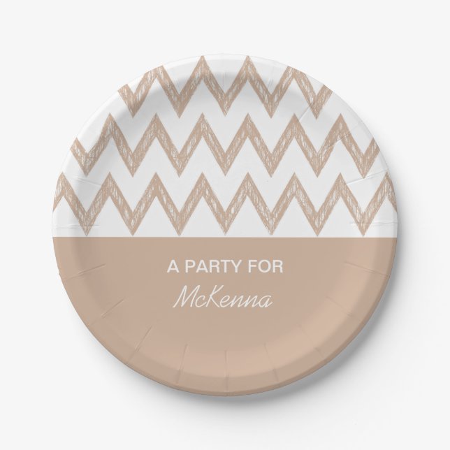 Trendy Pencil Tan Chevron Zigzags With Name Paper Plates (Front)