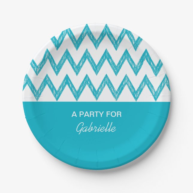 Trendy Pencil Turquoise Chevron Zigzags With Name Paper Plates (Front)