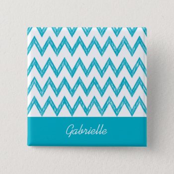 Trendy Pencil Turquoise Chevron Zigzags With Name Pinback Button by ohsogirly at Zazzle