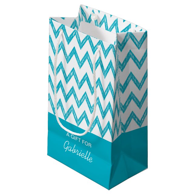 Trendy Pencil Turquoise Chevron Zigzags With Name Small Gift Bag (Front Angled)