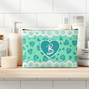 Trendy Peppermint Green Heart With Dots And Swirls Accessory Pouch
