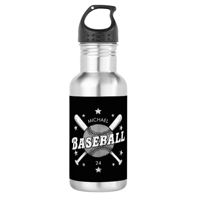 Trendy Personalized Baseball Name and Number Stainless Steel Water Bottle (Front)