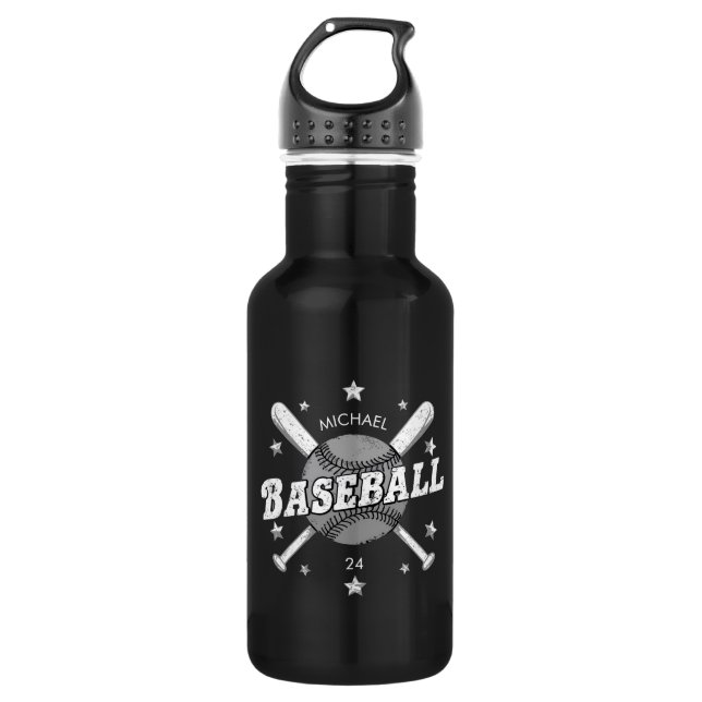 Trendy Personalized Baseball Name and Number  Stainless Steel Water Bottle (Front)