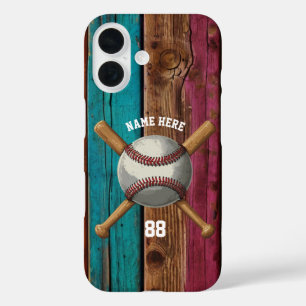 Trendy Personalized Baseball Name and Number Wood  iPhone 16 Case