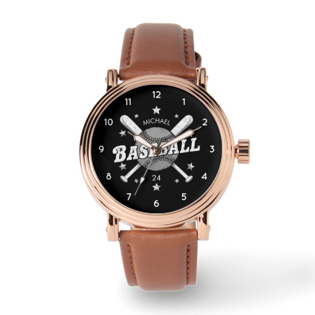 Trendy Personalized Baseball Name Number Maroon Watch (Front)