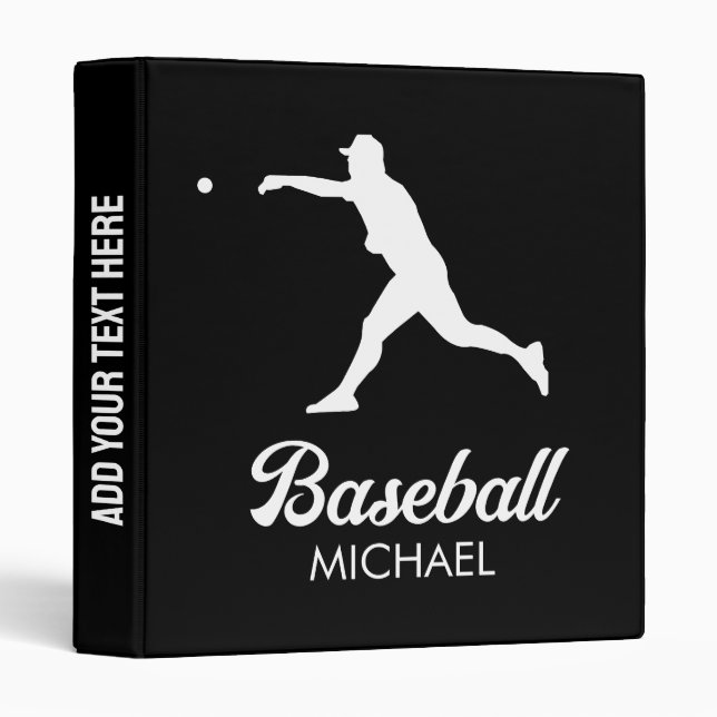 Trendy Personalized Baseball Player Black 3 Ring Binder (Front/Spine)