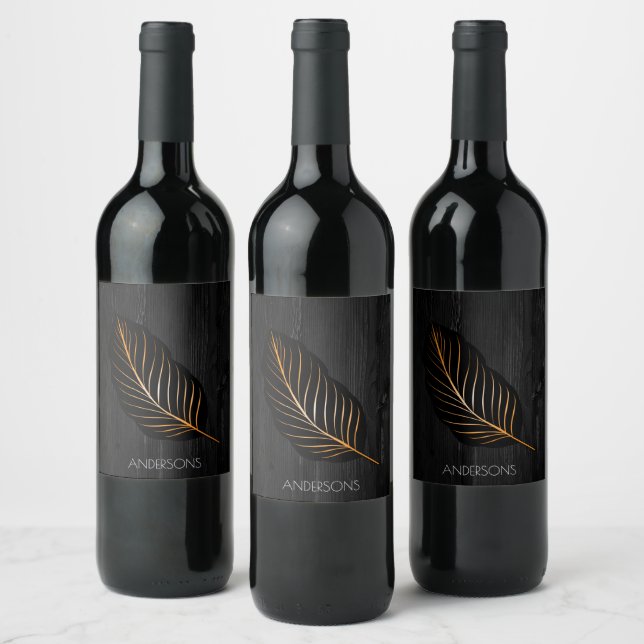 Trendy Personalized Black Wood Gold Foil Leaf Wine Label (Bottles)