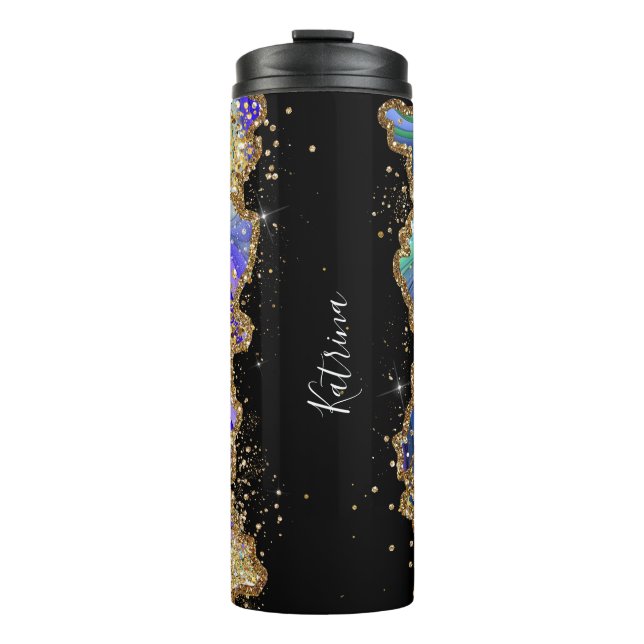 Trendy Personalized Blue Gold Agate Marble Glitter Thermal Tumbler (Front)