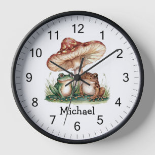 Trendy Personalized Cute Happy Frog and Mushrooms Clock
