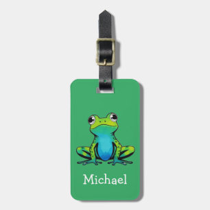 Trendy Personalized Cute Happy Frog Green Luggage Tag