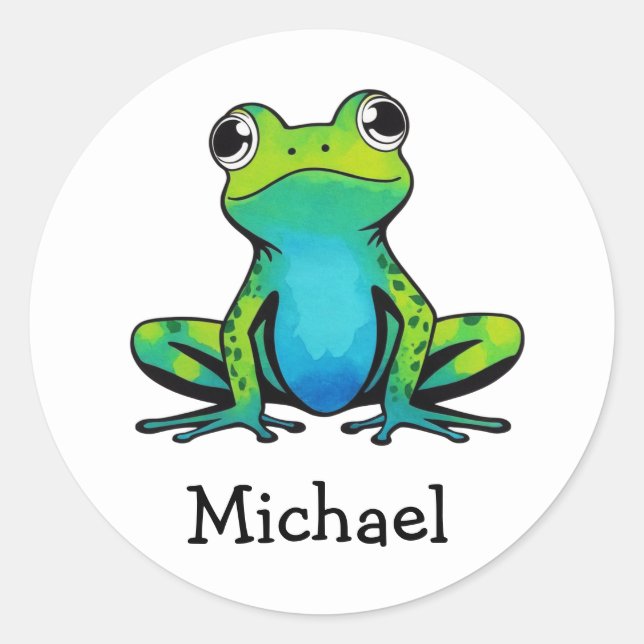 Trendy Personalized Cute Happy Green Frog Classic Round Sticker (Front)