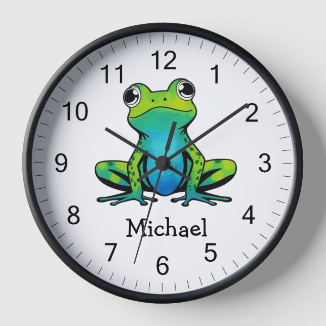 Trendy Personalized Cute Happy Green Frog  Clock (Front)