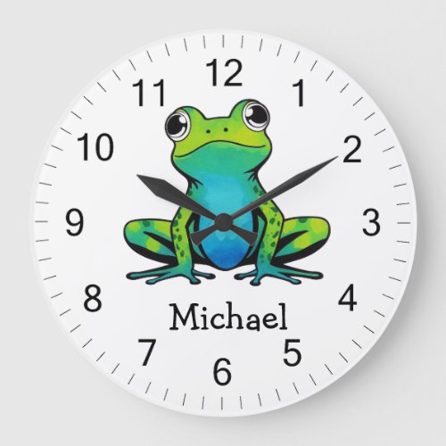 Trendy Personalized Cute Happy Green Frog  Large Clock