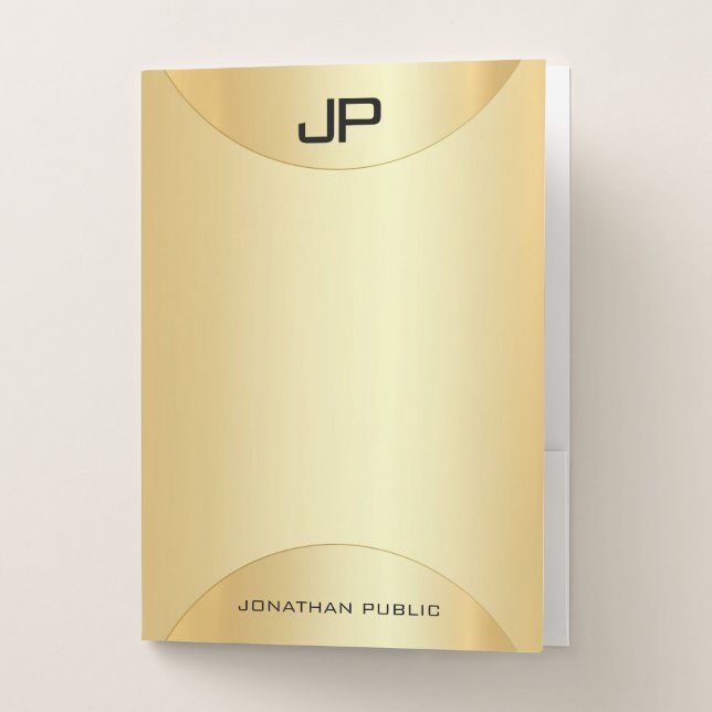 Trendy Personalized Faux Gold Elegant Monogrammed Pocket Folder (Front)