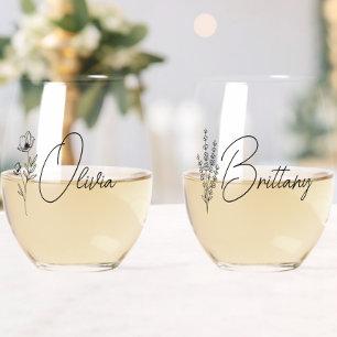 Trendy Personalized Floral Bridesmaid Stemless Wine Glass