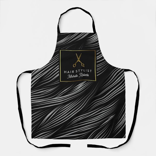 Trendy Personalized Gold Scissors Hair Salon black Apron (Front)