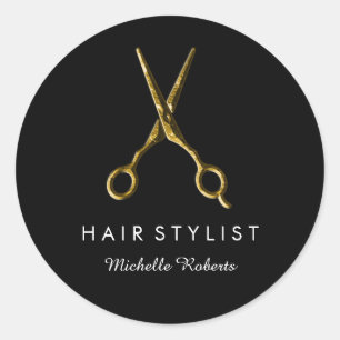 Trendy Personalized Gold Scissors Hair Salon black Classic Round Sticker