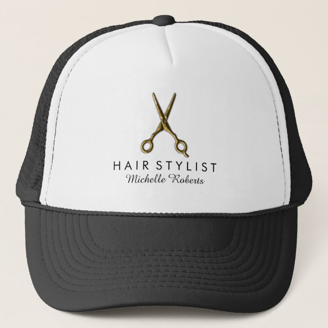 Trendy Personalized Gold Scissors Hair Salon  Trucker Hat (Front)