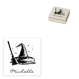 Trendy Personalized Halloween witch hat and broom  Rubber Stamp