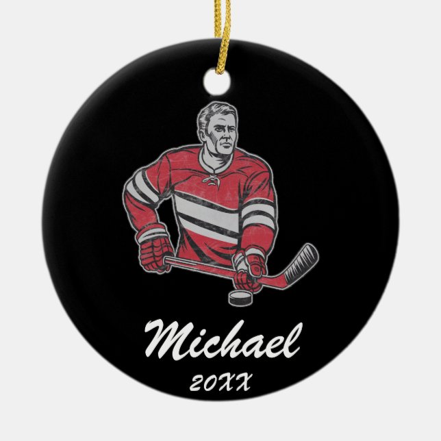 Trendy Personalized Hockey Player Name Ceramic Ornament (Front)