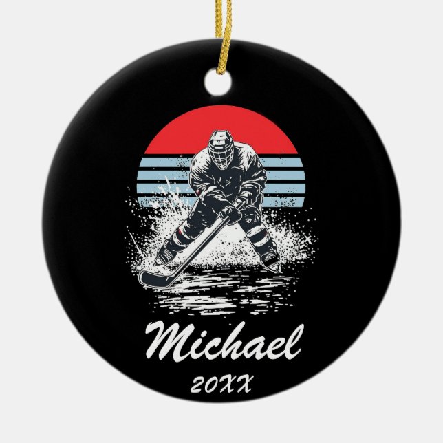 Trendy Personalized Hockey Player Name Ceramic Ornament (Front)