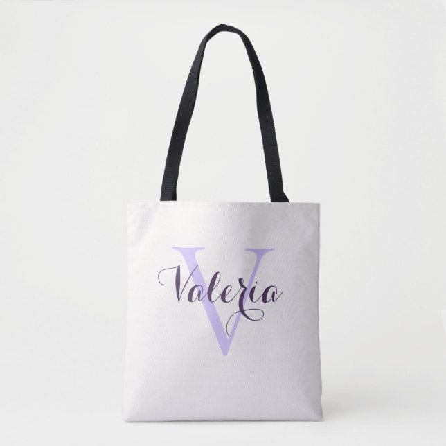 Trendy Personalized Lavender Monogram Tote Bag (Front)