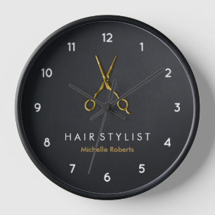 Trendy Personalized Modern black Gold Hairstylist Clock