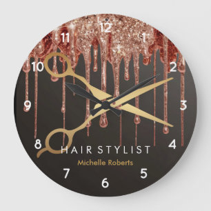Trendy Personalized Modern black Gold Hairstylist Large Clock