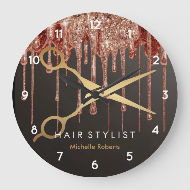 Trendy Personalized Modern black Gold Hairstylist  Large Clock (Front)