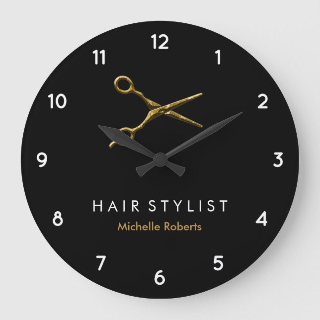 Trendy Personalized Modern black Gold Hairstylist  Large Clock (Front)
