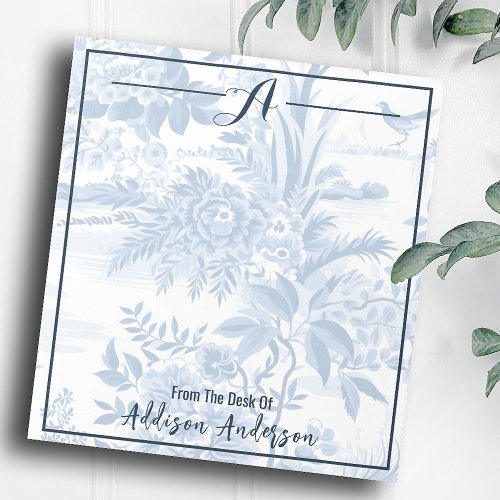 Trendy Personalized Monogram Blue Floral Toile  Notepad