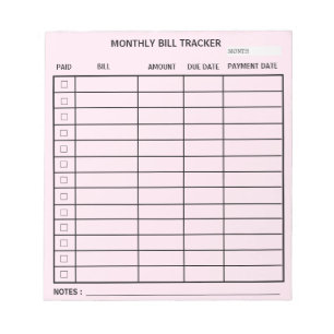 Trendy Personalized Monthly Bill Tracker Notepad