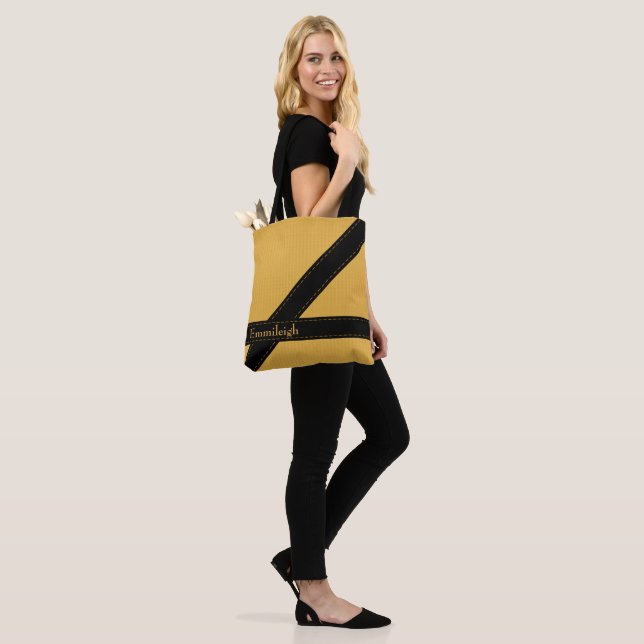 Trendy Personalized Mustard Yellow Black Stripes Tote Bag (On Model)