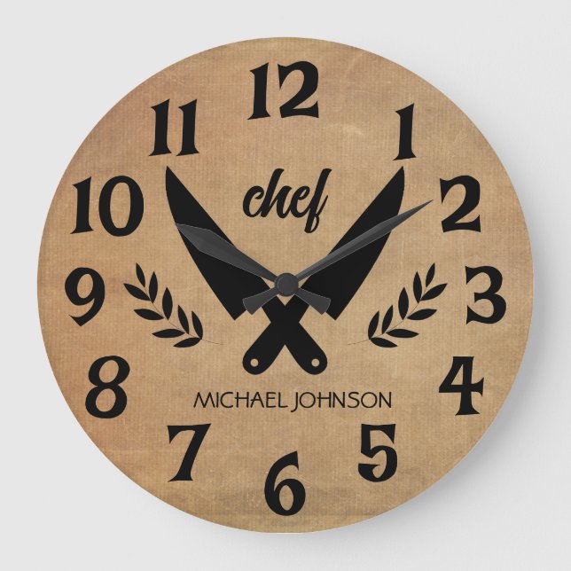 Trendy Personalized name chef Brown  Large Clock (Front)