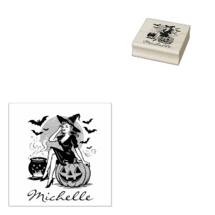 Trendy Personalized Name Cute witch Halloween Rubber Stamp