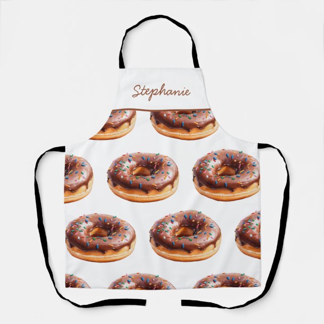 Trendy Personalized Name Watercolor Donut Pattern  Apron (Front)
