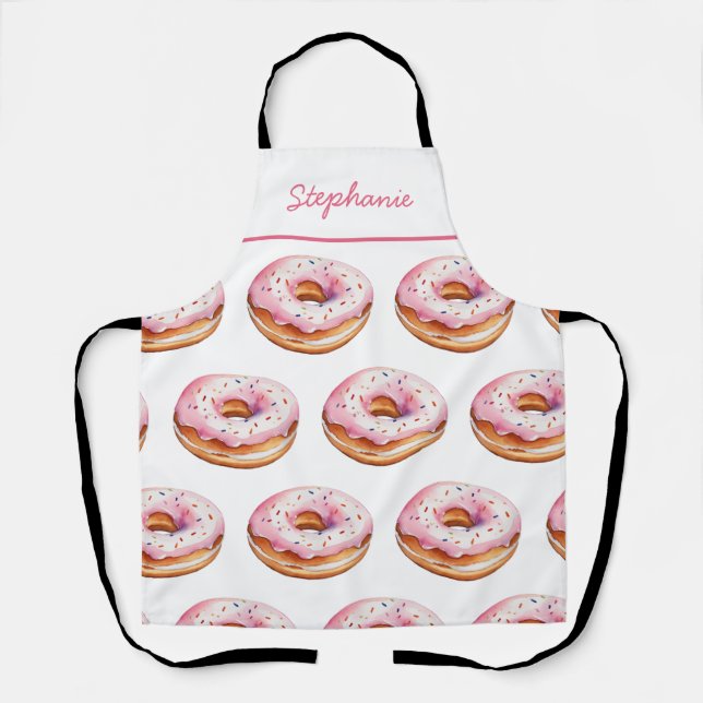Trendy Personalized Name Watercolor Donut Pattern  Apron (Front)