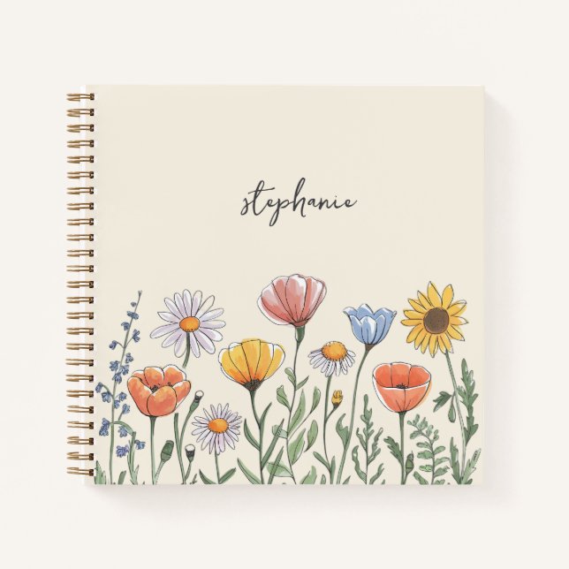 Trendy Personalized Name Watercolor Wildflower Notebook (Front)