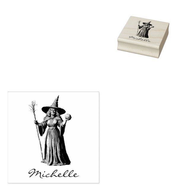 Trendy Personalized Name witch Halloween Rubber Stamp (Stamped)