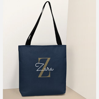Trendy Personalized Navy Monogram Custom Name Tote Bag
