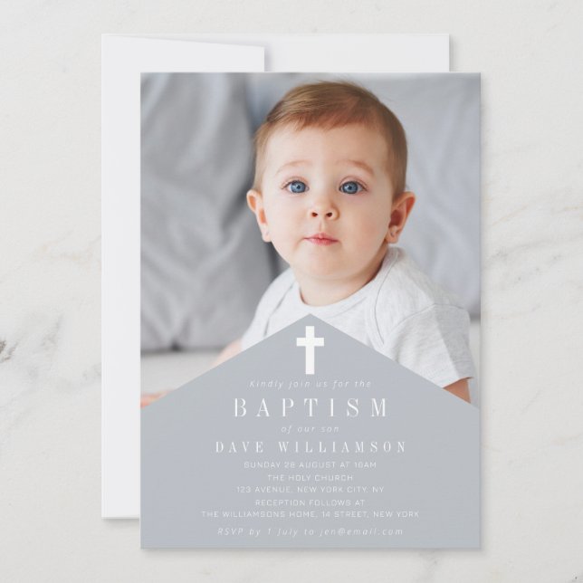 trendy personalized photo baptism invitation (Front)