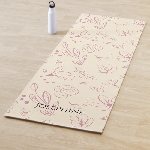 Trendy Personalized Pink florals on beige cream Yoga Mat