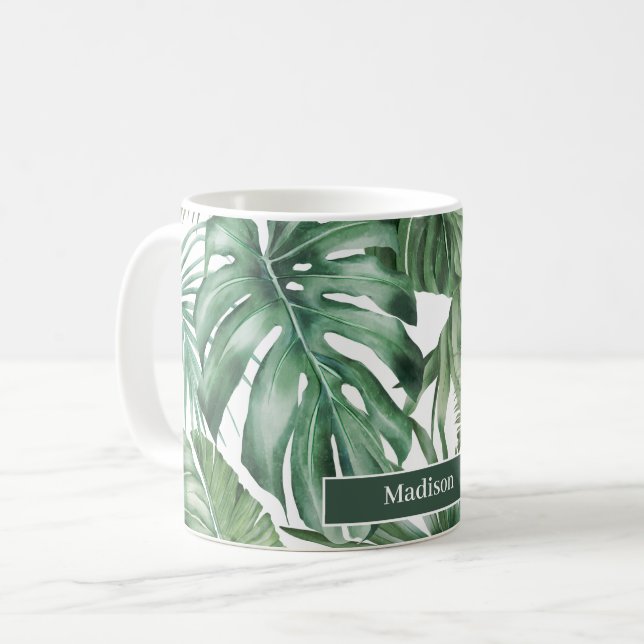Trendy Personalized Tropical Monstera Leaves Coffee Mug (Front Left)