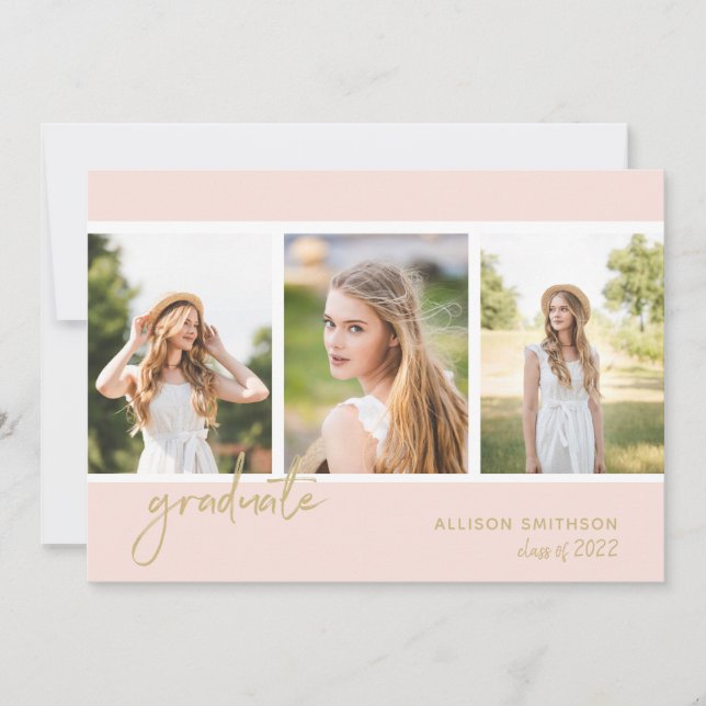 Trendy Photo Collage Blush Pink Gold Graduation Announcement (Front)