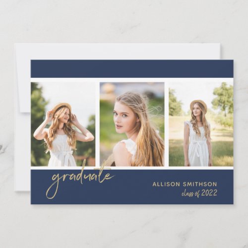 Trendy Photo Collage Navy Blue Gold Graduation Announcement