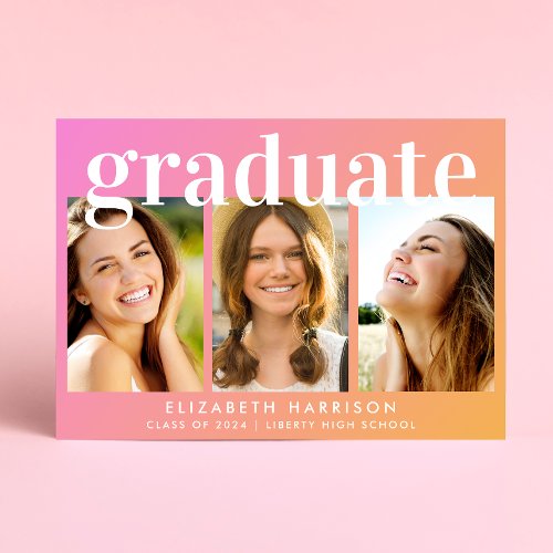 Trendy Photo Collage Pink Orange Graduation Party Invitation