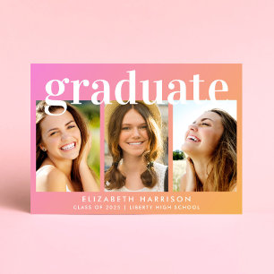 Trendy Photo Collage Pink Orange Graduation Party Invitation