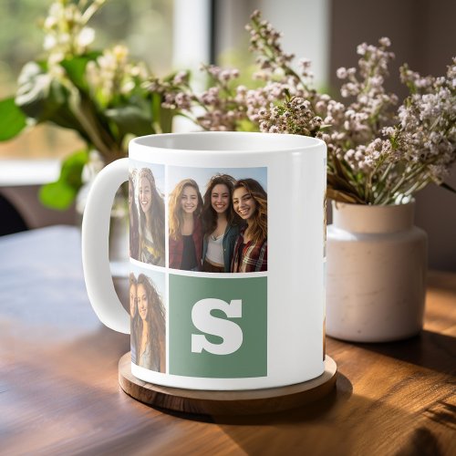 Trendy Photo Collage with Green Monogram Coffee Mug