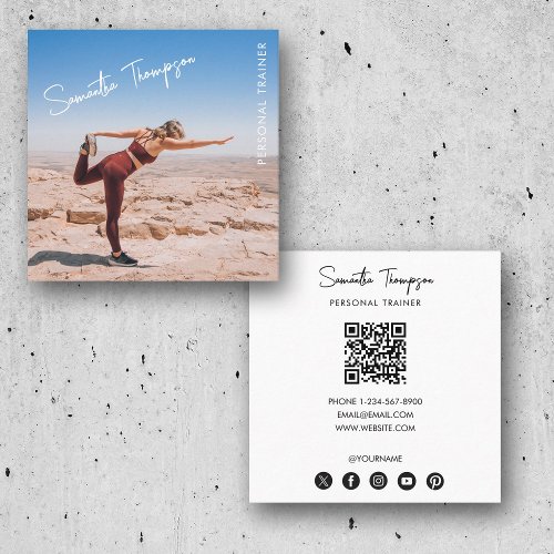Trendy Photo Personal Trainer Fitness QR Code  Square Business Card