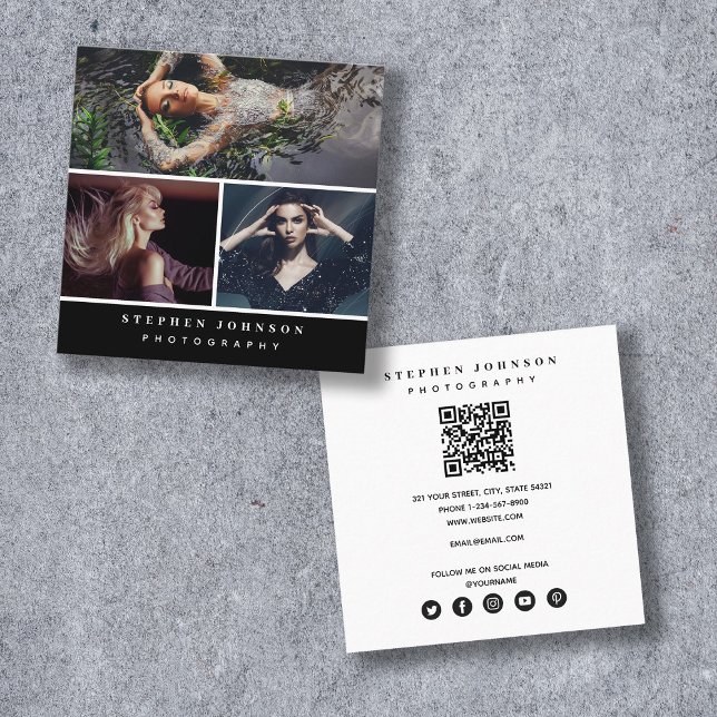 Trendy Photographer 3 Photos QR Code Social Media Square Business Card (Creator Uploaded)